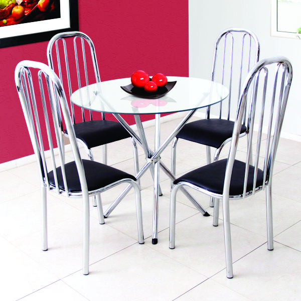 Conjunto Dallas - Mesa de Vidro Redonda + 4 Cadeiras Cromadas