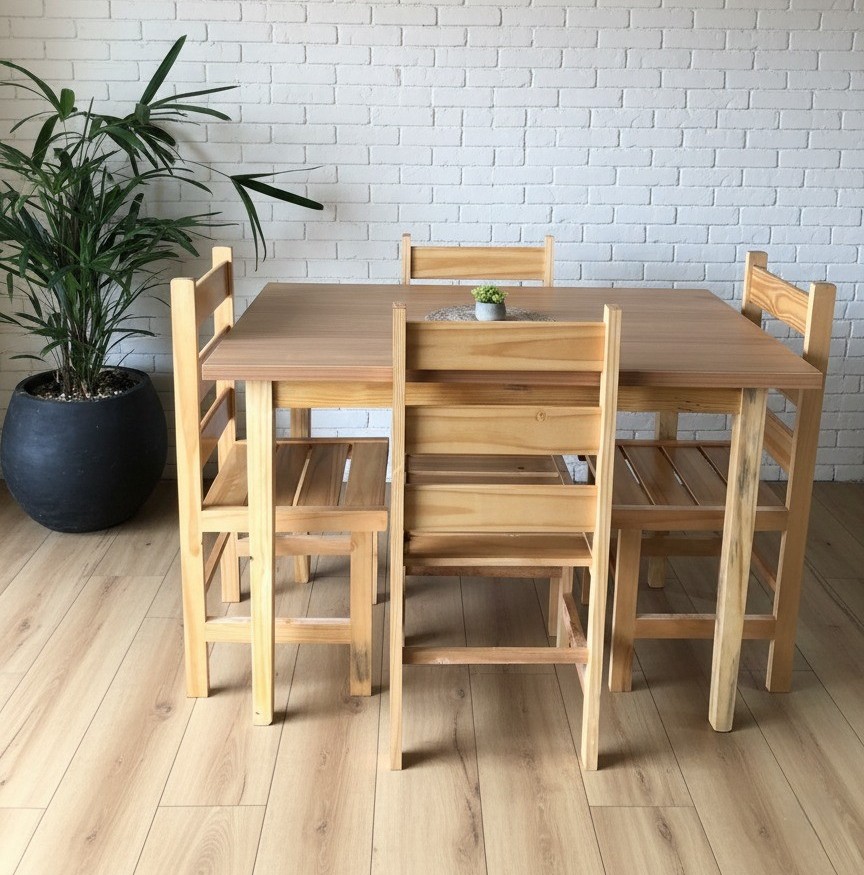 Conjunto Mesa retangular de madeira com 4 lugares